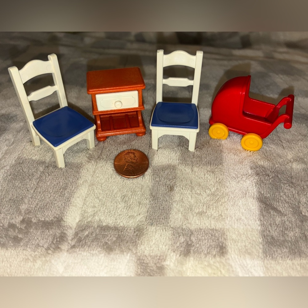 Playmobil dollhouse furniture: Victorian chairs, bedside table, baby carriage